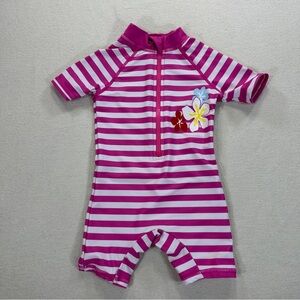 Adaverano Kids Striped Pink 1 Piece Rashguard with Floral Design Sz 3-6 Months